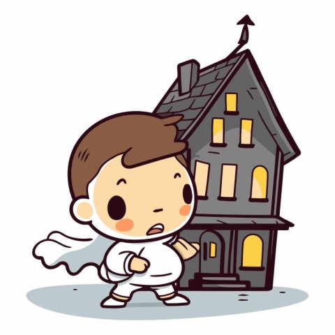 Cute little angel boy standing near house. Vector cartoon illust