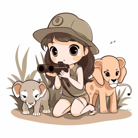 Cute little girl in safari costume with her dog and a bear