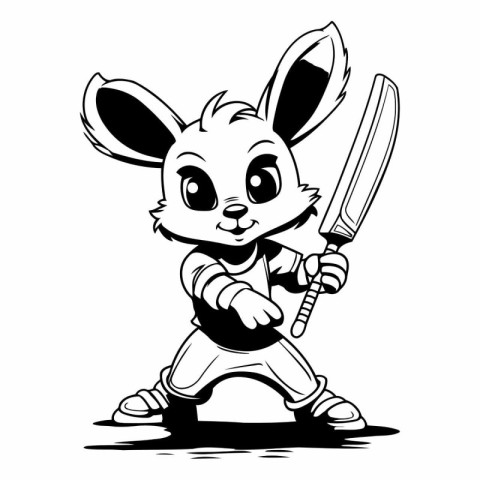 Rabbit - Black and White Cartoon Illustration of Cute Rabbit wit