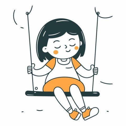 Little girl swinging on a swing in cartoon style.