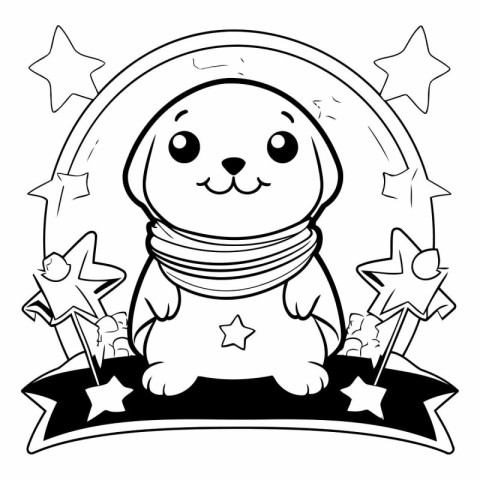 Black and white illustration of a dog wearing a scarf and stars.