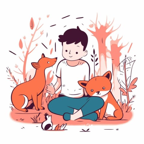 Vector illustration of a boy sitting with his dog in the park.