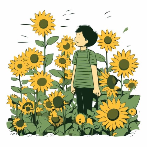 Vector illustration of a boy and sunflowers in the garden.