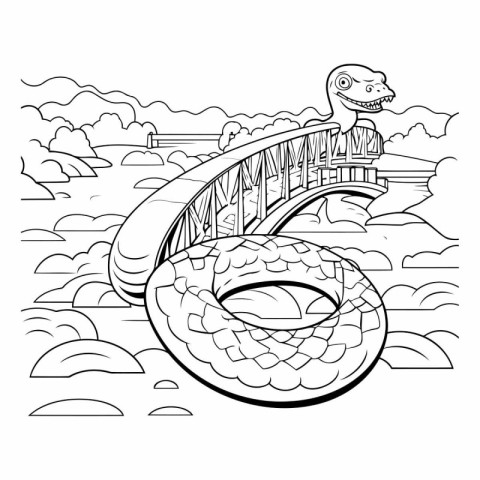 Coloring book for children: Bridge over the river with a snake