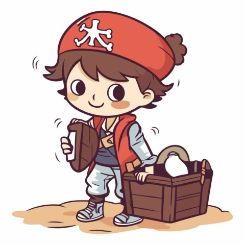 Boy in pirate costume holding treasure chest. Vector clip art il