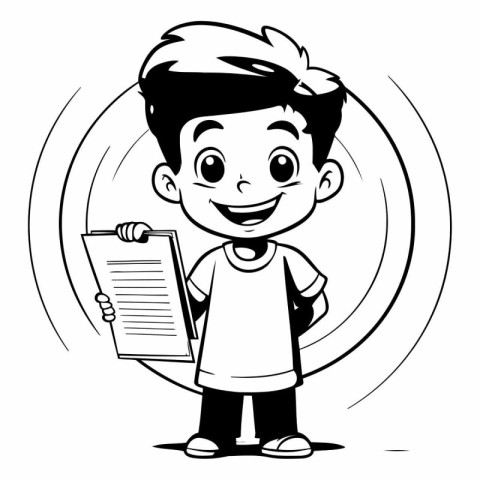 Boy holding a clipboard - Black and White Cartoon Illustration.