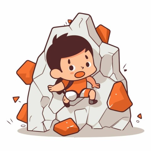 Little boy climbing on a stone in cartoon style.