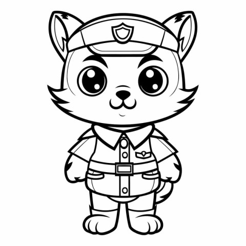 Black and White Cartoon Illustration of Cute Baby Lynx Policeman