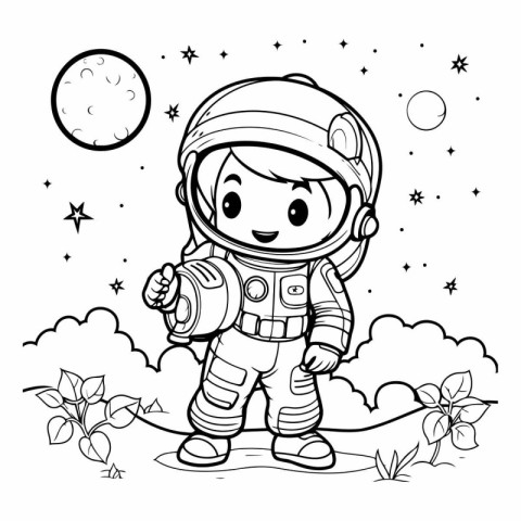 Cute astronaut girl on the background of the moon. Coloring book