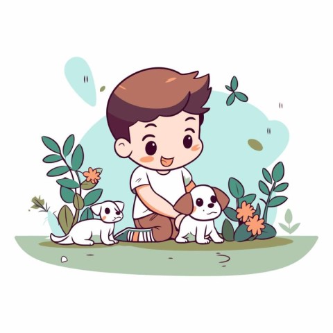 Cute little boy playing with his dog in the garden.