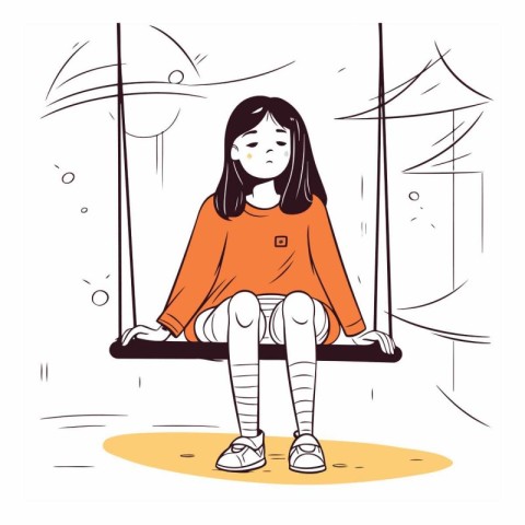 Sad girl sitting on a swing in sketch style.