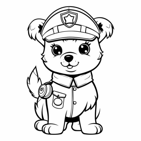 Black and White Cartoon Illustration of Cute Puppy Police Animal