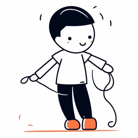 Cute little boy with jump rope. Vector line art illustration.