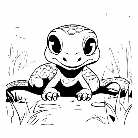 Vector illustration of a lizard in the grass. Black and white ou