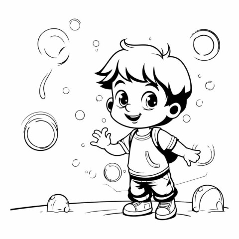 Boy playing with soap bubbles. Black and white vector illustrati