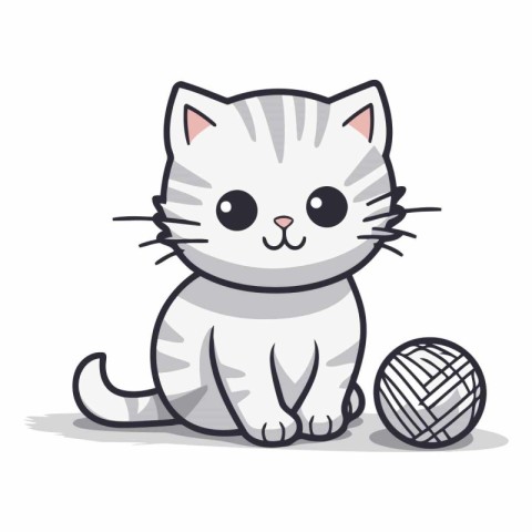 Cute cartoon cat playing with ball of yarn.