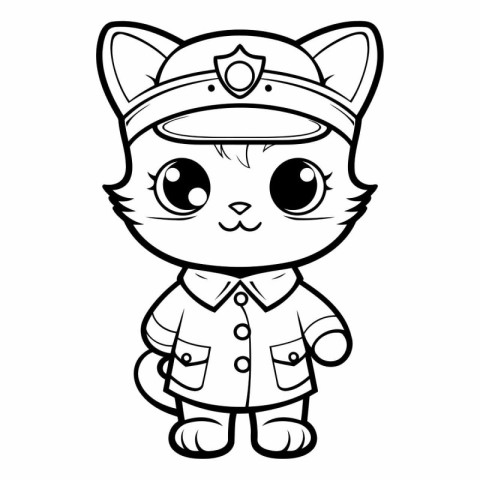 Black and White Cartoon Illustration of Cute Cat Captain Charact