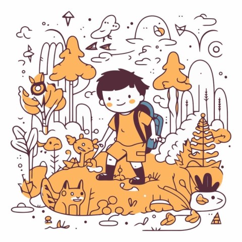 Cute little boy hiking in the forest. Vector line art illustrati