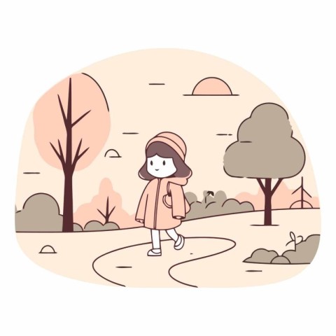 Cute little girl walking in the park in cartoon style.