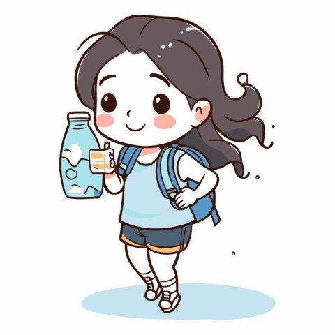 Cute girl going to school with a backpack and bottle of milk