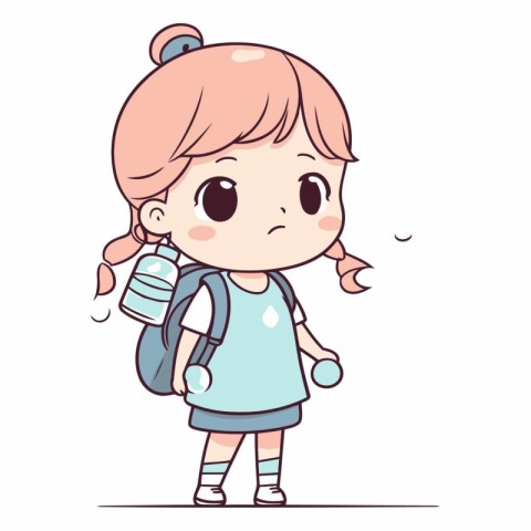 Cute little girl with backpack in cartoon style.