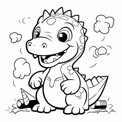 Black and White Cartoon Illustration of Cute Dinosaur Animal Cha