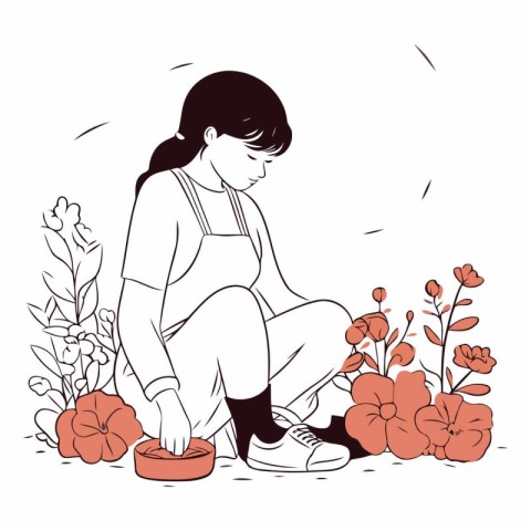 Gardening woman planting flowers in sketch style.