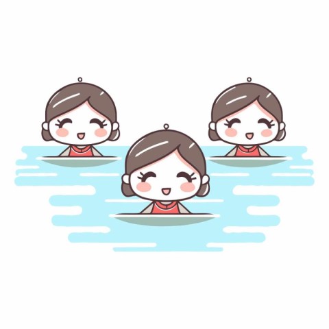 Cute cartoon little girls swimming in a pool.