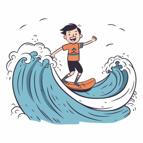 Boy surfing on a wave in doodle style.