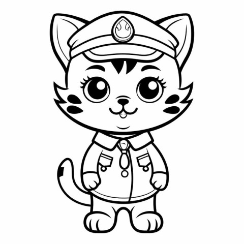 Black and White Cartoon Illustration of Cute Cat Police Characte