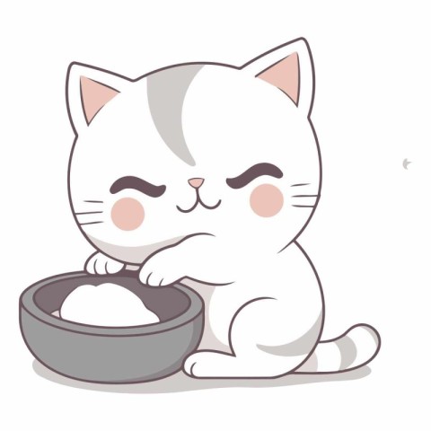 Illustration of a White Cat with a Bowl of Milk on a White Backg