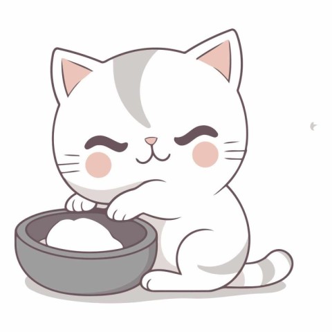 Illustration of a White Cat with a Bowl of Milk on a White Backg