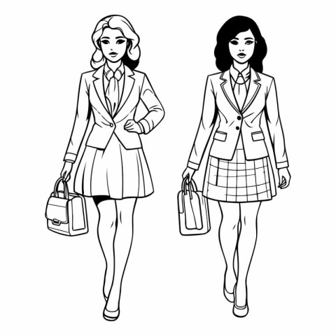 Fashionable women in sketch-style. Black and white vector illust