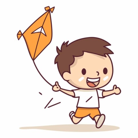 Kid playing kite cartoon vector illustration. Cute boy playing k