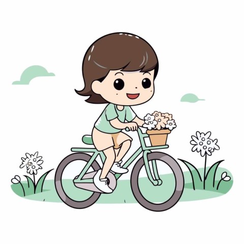 Cute little girl riding a bicycle with flowers.