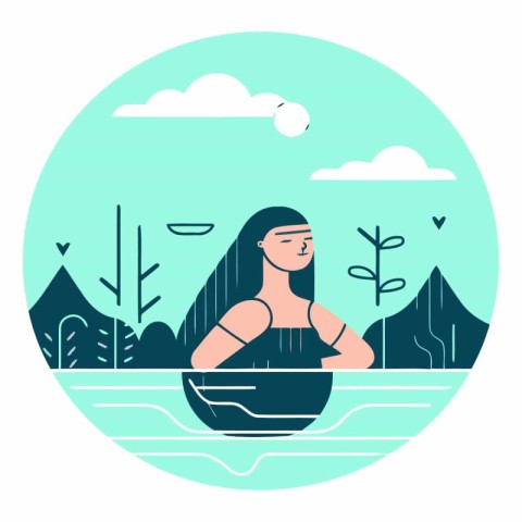 Beautiful young woman in the lake in a flat style