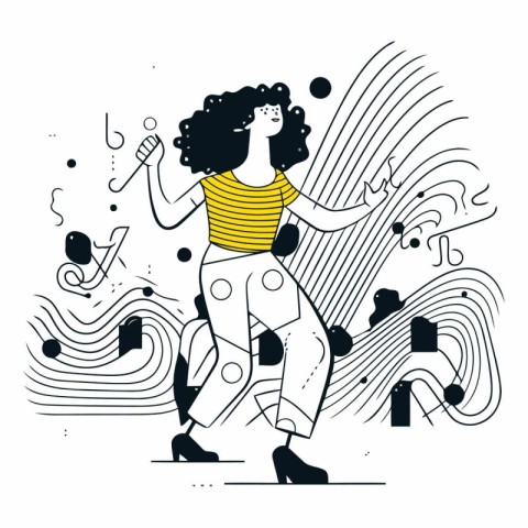 Vector illustration of a young woman dancing at the party. Hand