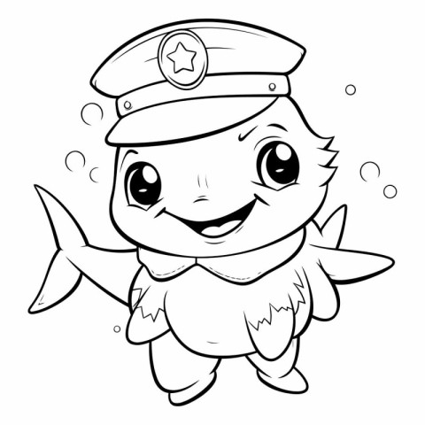 Black and White Cartoon Illustration of Cute Fish Policeman Char