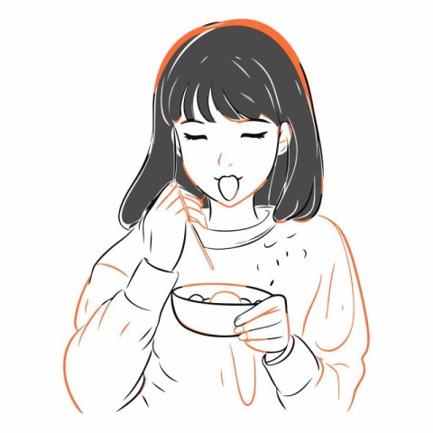 Illustration of a woman who is eating a bowl of soup.