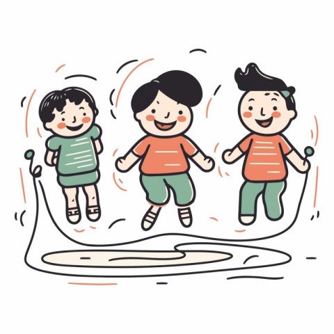 Children playing jumping rope in doodle style.