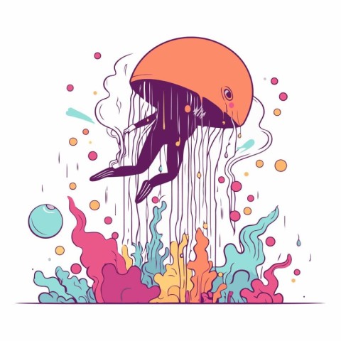 Jumping jellyfish in the ocean in doodle style.