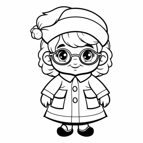 Black and White Cartoon Illustration of Cute Little Girl in Wint