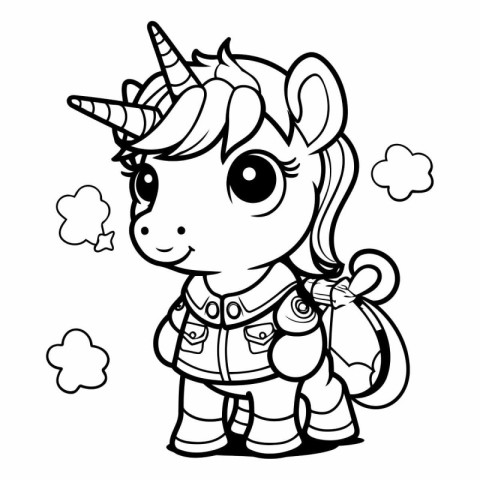 Black and White Cartoon Illustration of Cute Unicorn Fantasy Cha