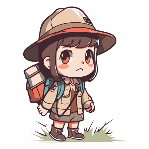 Cute little explorer girl with backpack and hat.