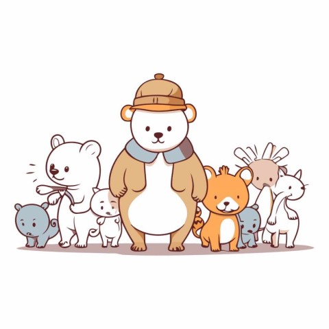 Cute cartoon bear with a group of animals.