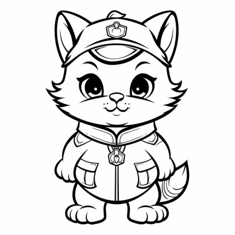 Black and White Cartoon Illustration of Cat Police Officer Chara