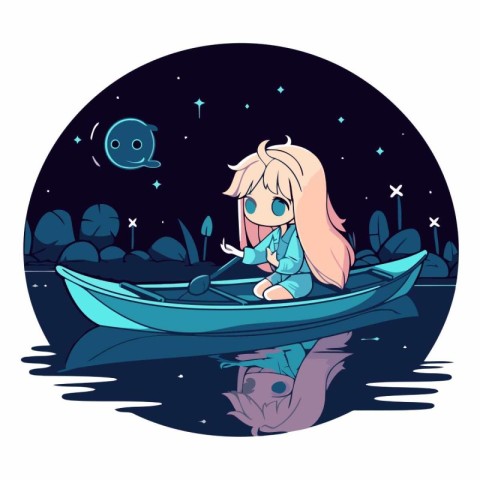 Cute little girl in a boat on the river at night.