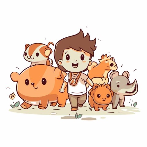 Cute cartoon boy with a group of animals.