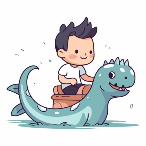 Cute little boy playing with a big dinosaur.