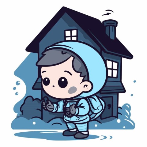 Cute little boy wearing astronaut costume in front of his house.